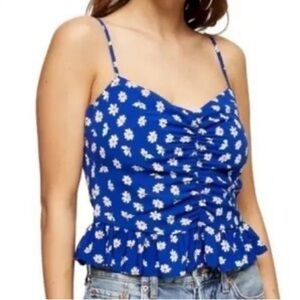 New! Topshop spaghetti strap ruffle floral crop top camisole, blue, women's 6